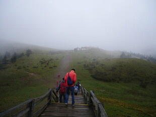 雾中栈道上的徒步旅行者