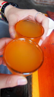 手持橙色圆形物件特写