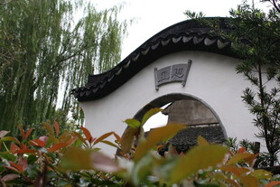 中式庭院拱门与绿植景观
