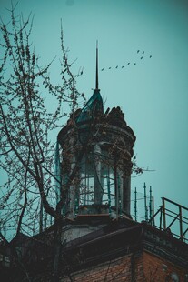 古老塔楼与萧瑟树枝