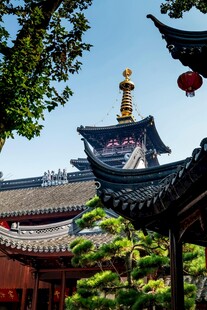 古寺飞檐与葱郁绿树