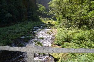 木栏前的山间溪流美景