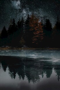 静谧湖畔的星空森林倒影
