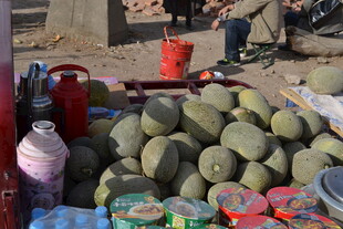 路边摊的新鲜大西瓜售卖