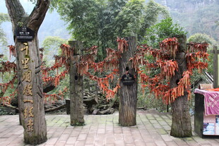 古朴许愿牌悬挂于木柱间