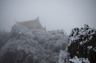 雪覆古建 雾中静谧之景