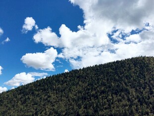 蓝天白云下的葱郁山峦