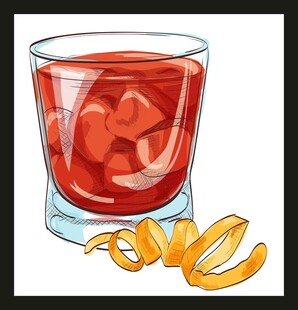 一杯红色饮品配橙皮