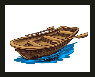 木质小船在蓝色水面漂浮