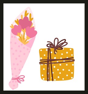 手绘鲜花与礼物组合