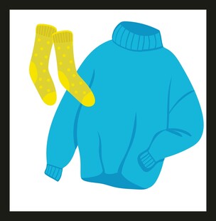 蓝色毛衣配黄色袜子