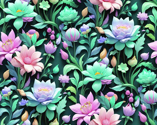 多彩睡莲花卉无缝图案