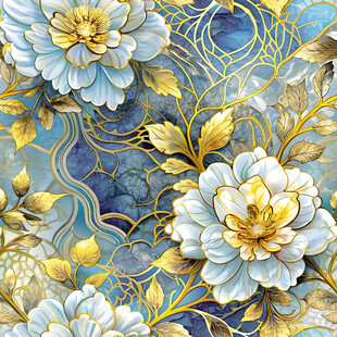 蓝金花卉图案优雅华丽风