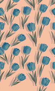 浅粉背景蓝色郁金香图案