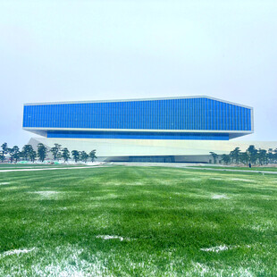 蓝色建筑下的绿茵场地
