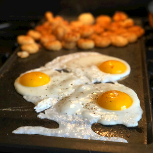 铁板上煎制的鸡蛋和虾仁