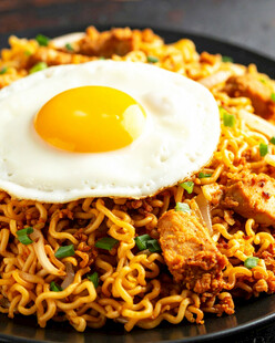 煎蛋配炒方便面