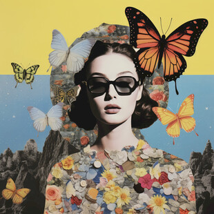 复古女士与梦幻蝴蝶图景