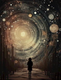 女孩漫步于奇幻星空隧道