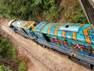 铁轨上色彩斑斓的涂鸦列车