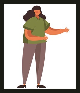 指向右侧的绿衣长发女性