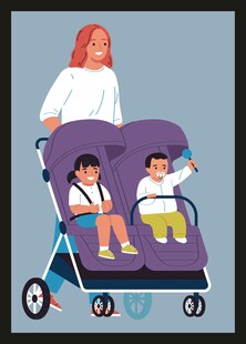 妈妈推双胞胎婴儿车出行