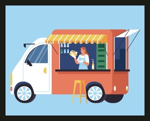 橙色餐车与车内工作人员