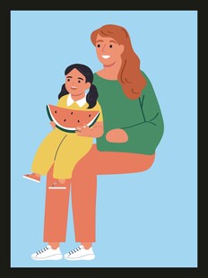 母亲与孩子共享西瓜时光