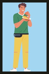 男子手持汉堡开心站立