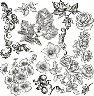 花卉鸟类复古装饰图案