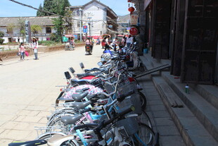 街道边整齐停放的一排自行车