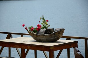 木桌上的复古花盆与鲜花