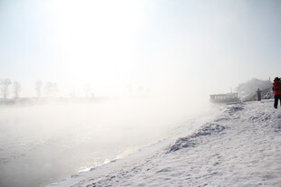 冬日雪岸 一人独立赏景