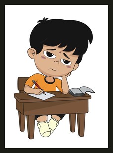 男孩苦恼地坐在书桌前