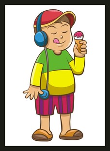 戴耳机吃冰淇淋的小男孩