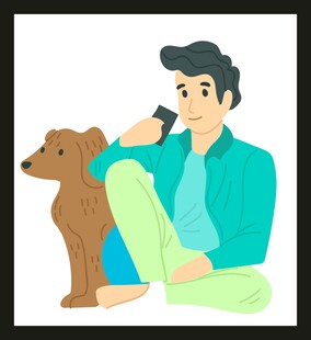 男子与狗相伴打电话