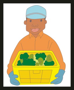 工人手持装满蔬菜的箱子