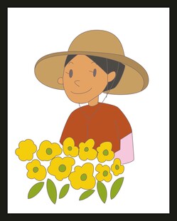 戴草帽女子与黄色花朵