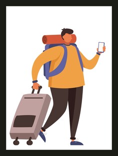 旅行者拖着行李查看手机
