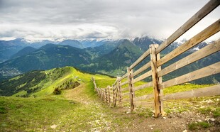山间木栏旁的秀丽风景
