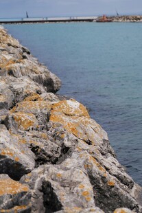 海边嶙峋礁石与平静海水