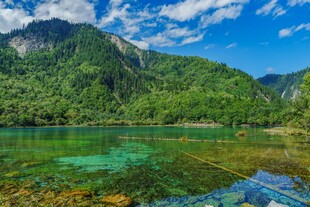 清澈碧绿的山间湖泊美景