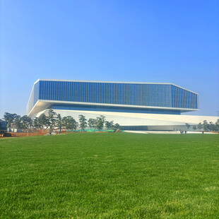 现代建筑前的大片绿色草坪