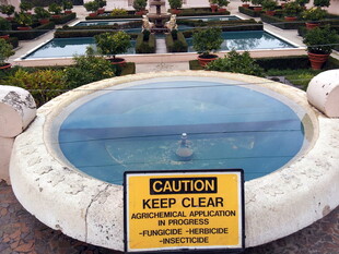 花园中的水池及提示牌