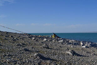 海边碎石滩上的露营场景
