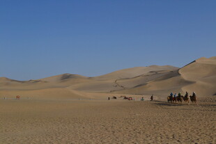 沙漠驼队穿行壮丽沙丘