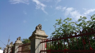 古典建筑旁的绿植与围栏