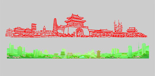 城市红绿轮廓景观图
