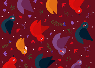 多彩小鸟图案的红色背景