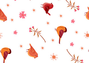 秋季花卉鸟类水彩图案